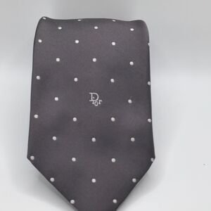 Christian Dior Vintage Gray White Polka Dot Silk Tie